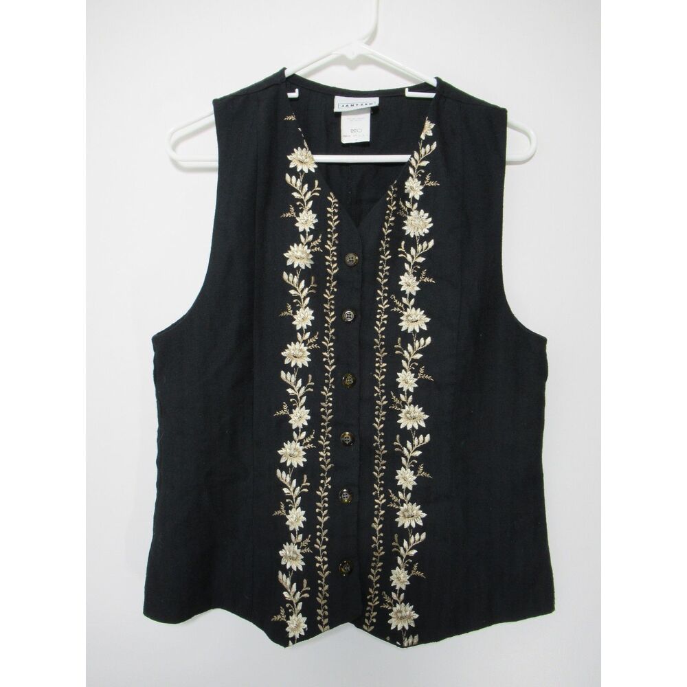 Jantzen Classics Black Button-Front Floral Embroidered Vestd Size M Vintage